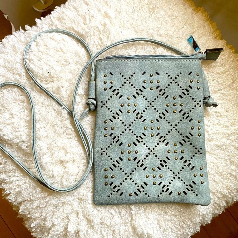 NWOT Grey Crossbody bag with studded accents and phone pocket on back​​​…​​​​​